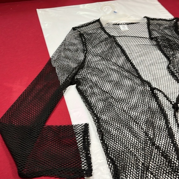 NEW BLACK fishnet CARDIGAN 2xl 3XL mesh jacket mid length MESH tie waist, sheer - Picture 10 of 13